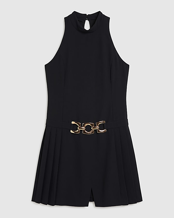Black Pleated Gold Buckle Mini Dress