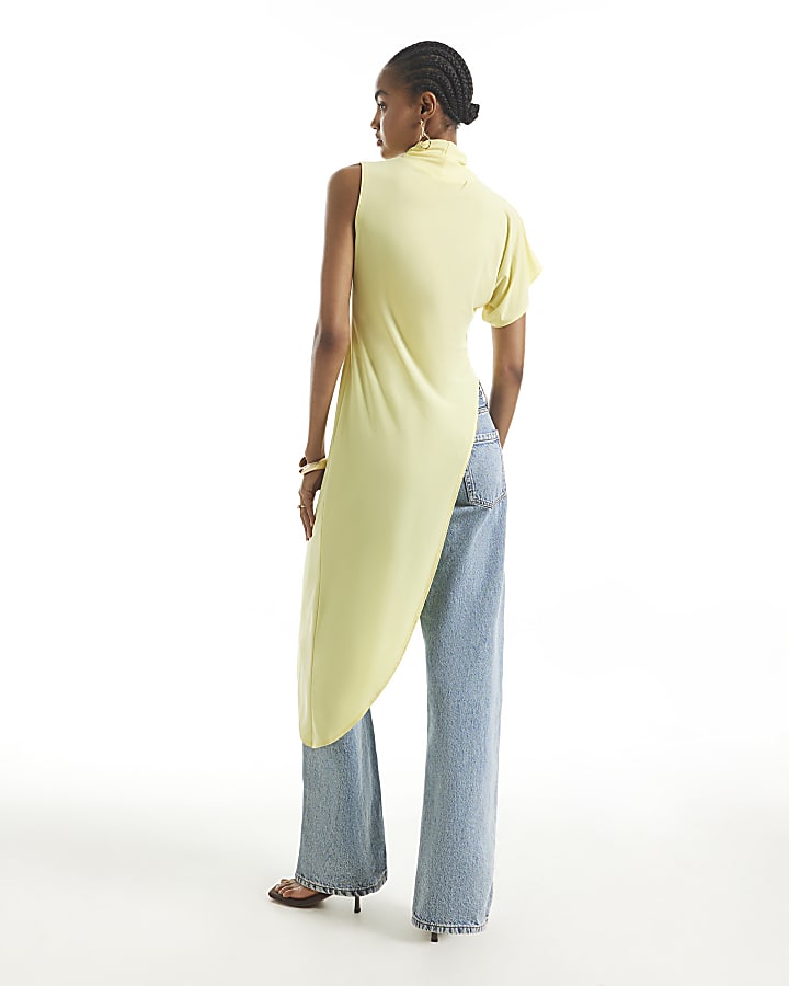 Yellow High Neck Asymmetric Flowing Top