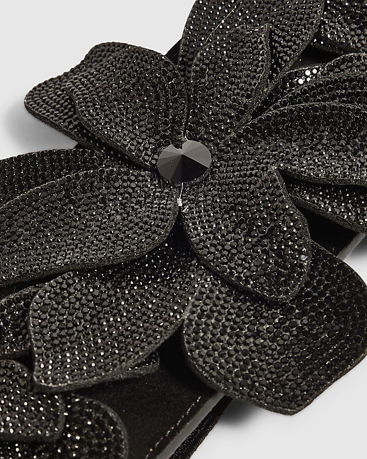 Black 3D Diamante Flower Tie Belt