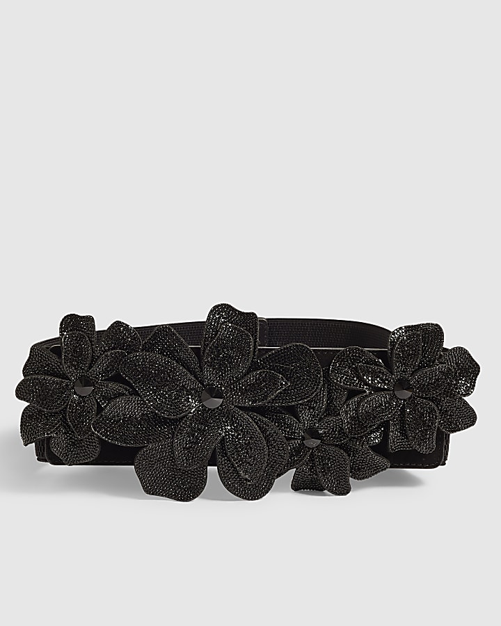 Black 3D Diamante Flower Tie Belt