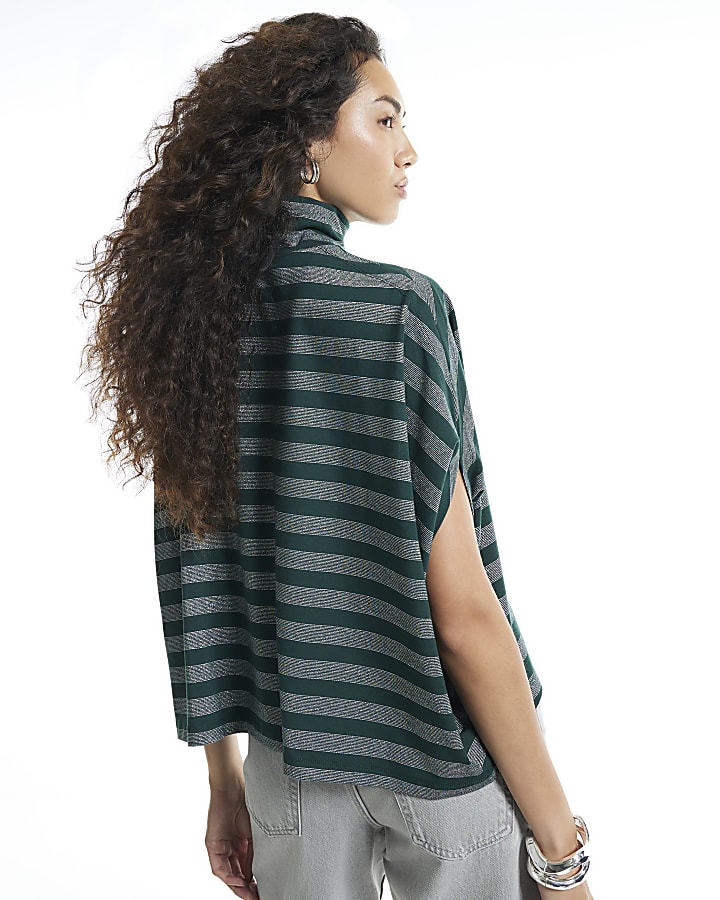 Green Funnel Neck Metallic Stripe Cape Top