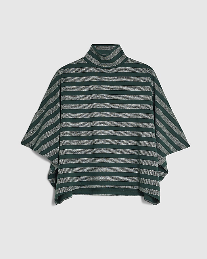 Green Funnel Neck Metallic Stripe Cape Top