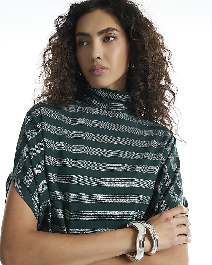 Green Funnel Neck Metallic Stripe Cape Top