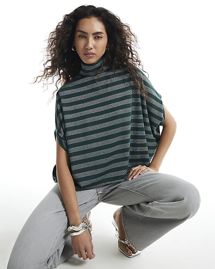 Green Funnel Neck Metallic Stripe Cape Top