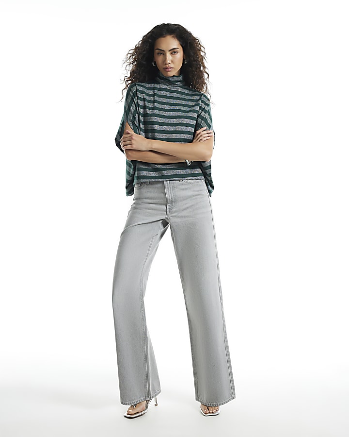 Green Funnel Neck Metallic Stripe Cape Top