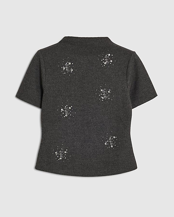 Grey Embellished Cosy T-Shirt