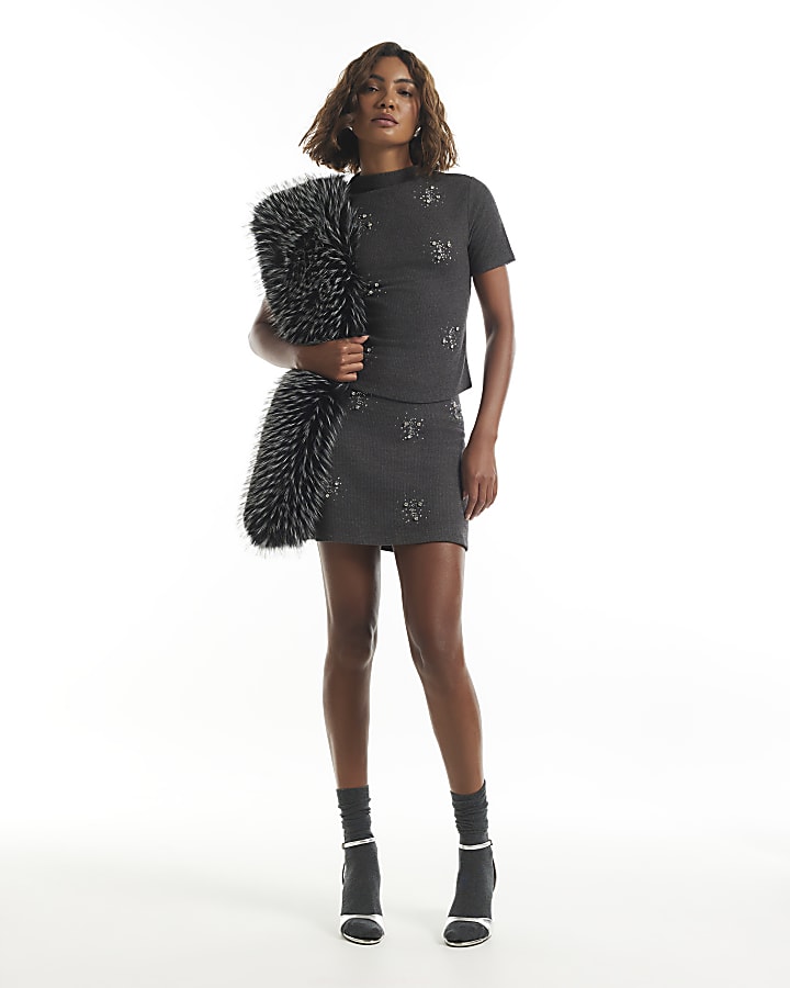 Grey Embellished Cosy T-Shirt