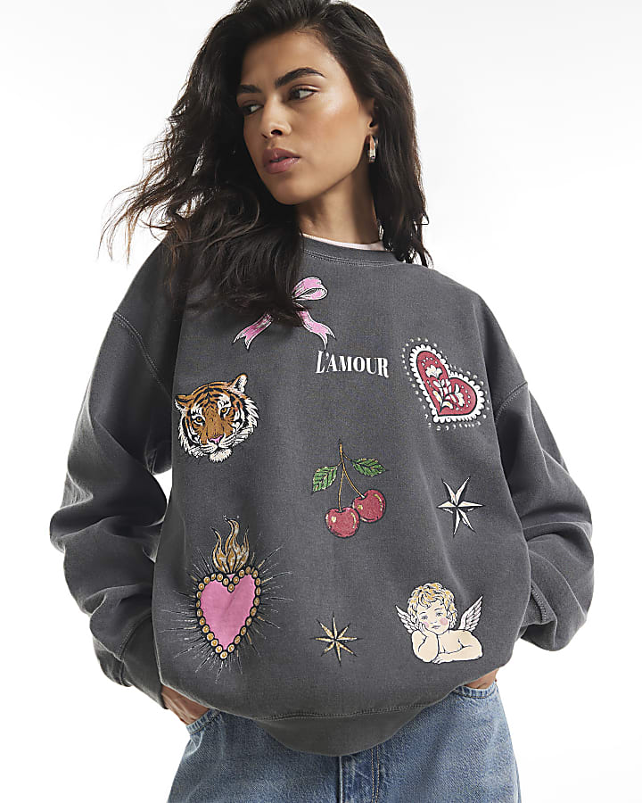 Grey Quirky Cherub Hotfix Sweatshirt