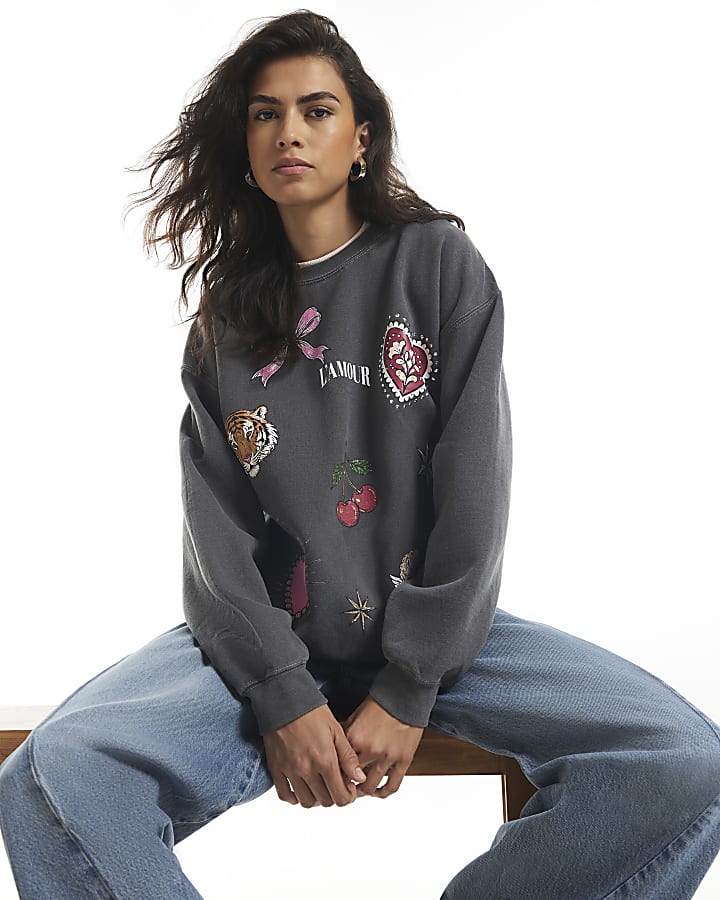 Grey Quirky Cherub Hotfix Sweatshirt