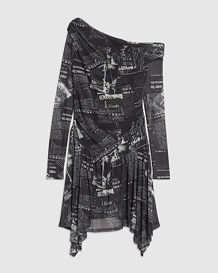 Black Newspaper Print Mesh Mini Dress