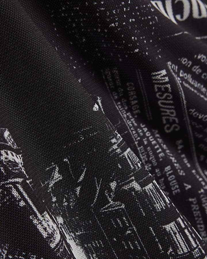 Black Long Sleeve Mesh Newspaper Print Top