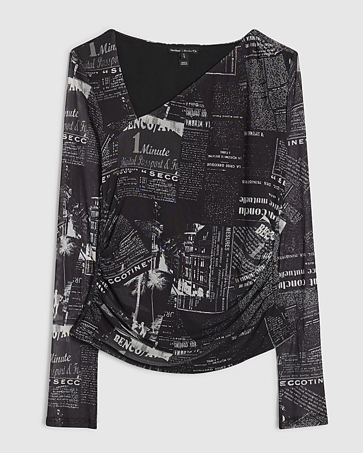Black Long Sleeve Mesh Newspaper Print Top