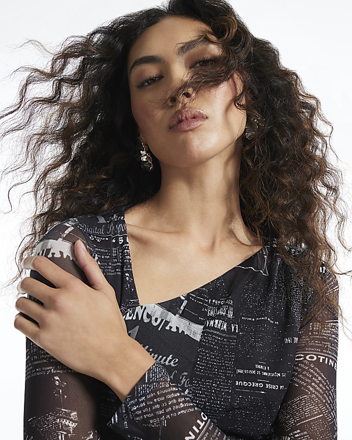 Black Long Sleeve Mesh Newspaper Print Top