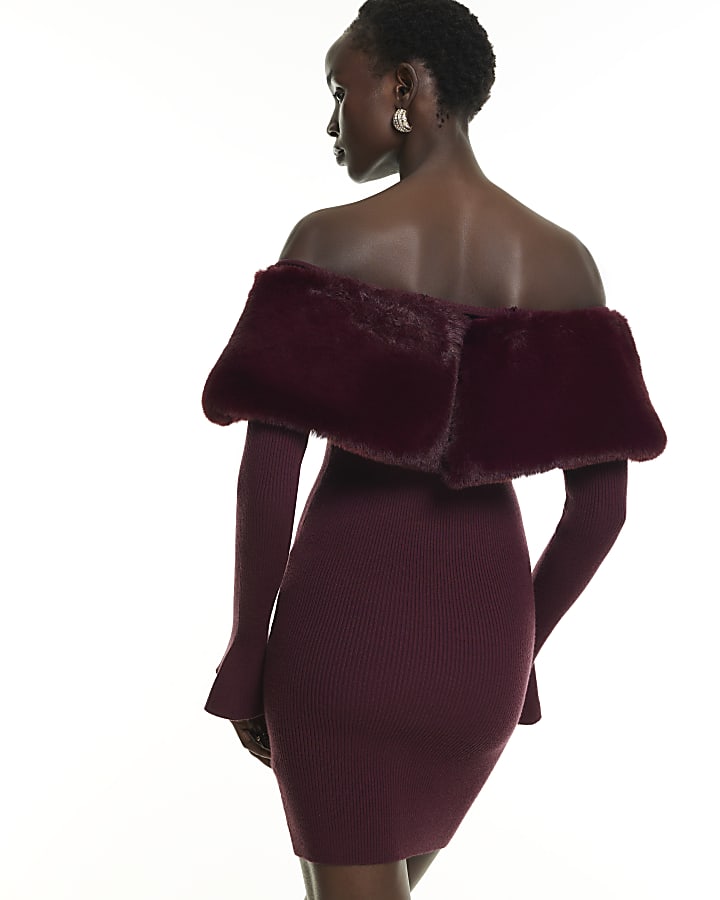 Burgundy Knit Bardot Faux Fur Trim Mini Dress