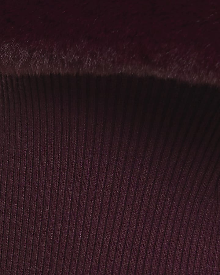 Burgundy Knit Bardot Faux Fur Trim Mini Dress