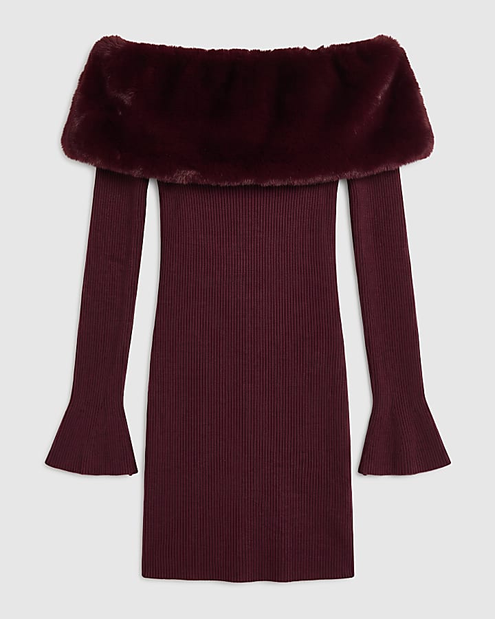 Burgundy Knit Bardot Faux Fur Trim Mini Dress