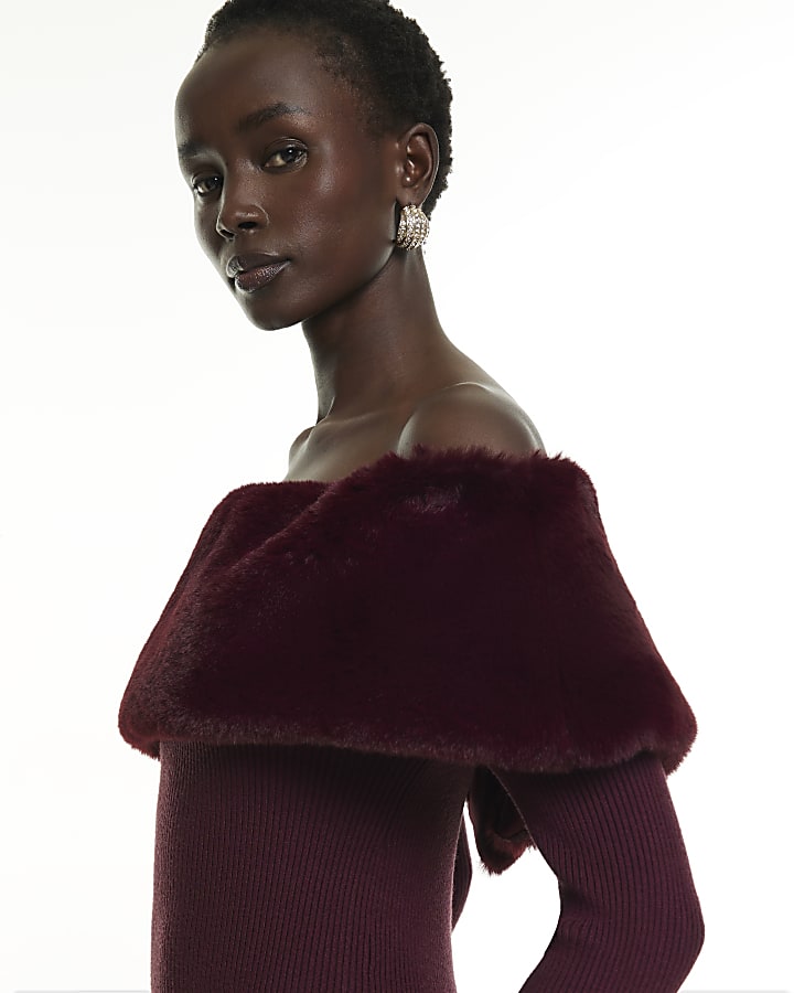 Burgundy Knit Bardot Faux Fur Trim Mini Dress