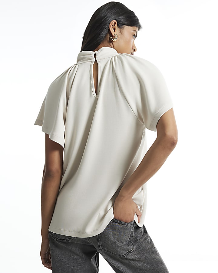 Cream Short Sleeve Twist Front Top
