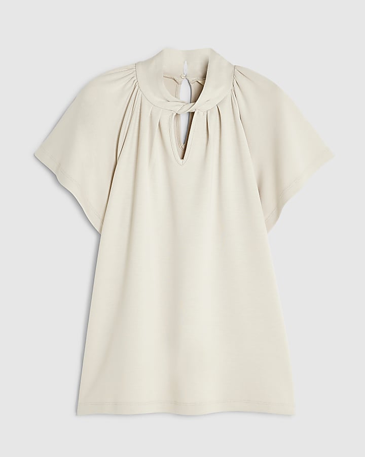 Cream Short Sleeve Twist Front Top