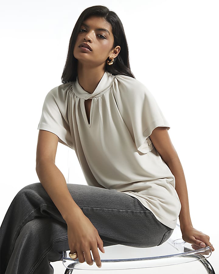 Cream Short Sleeve Twist Front Top