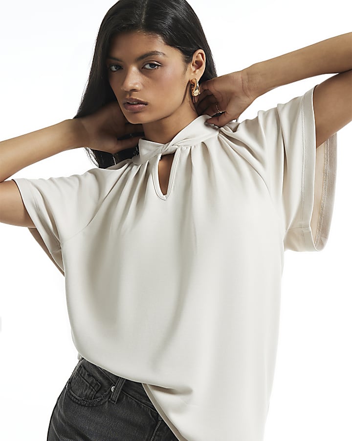 Cream Short Sleeve Twist Front Top
