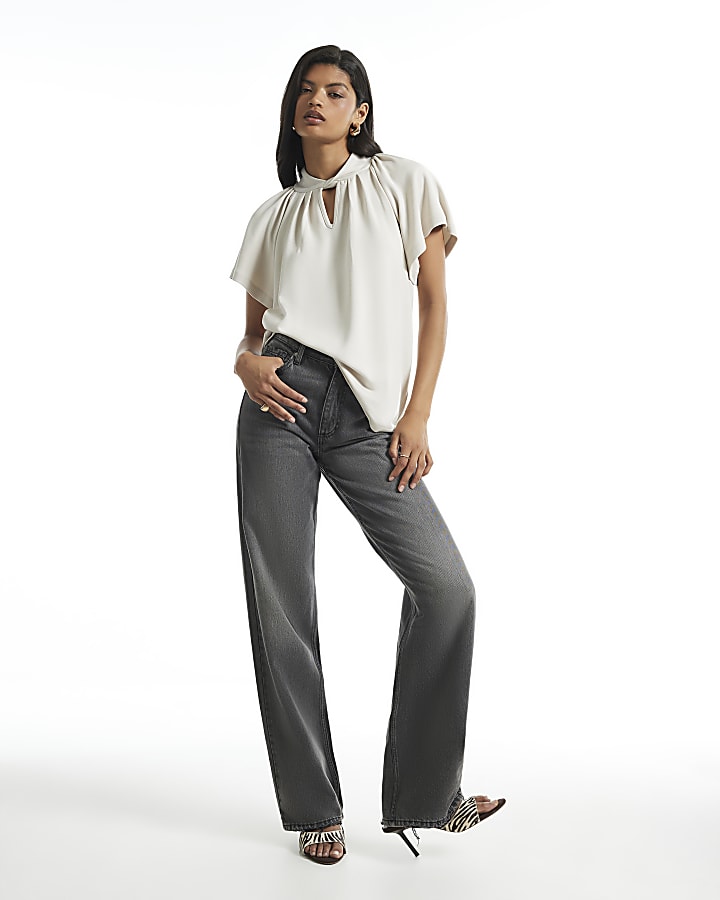 Cream Short Sleeve Twist Front Top