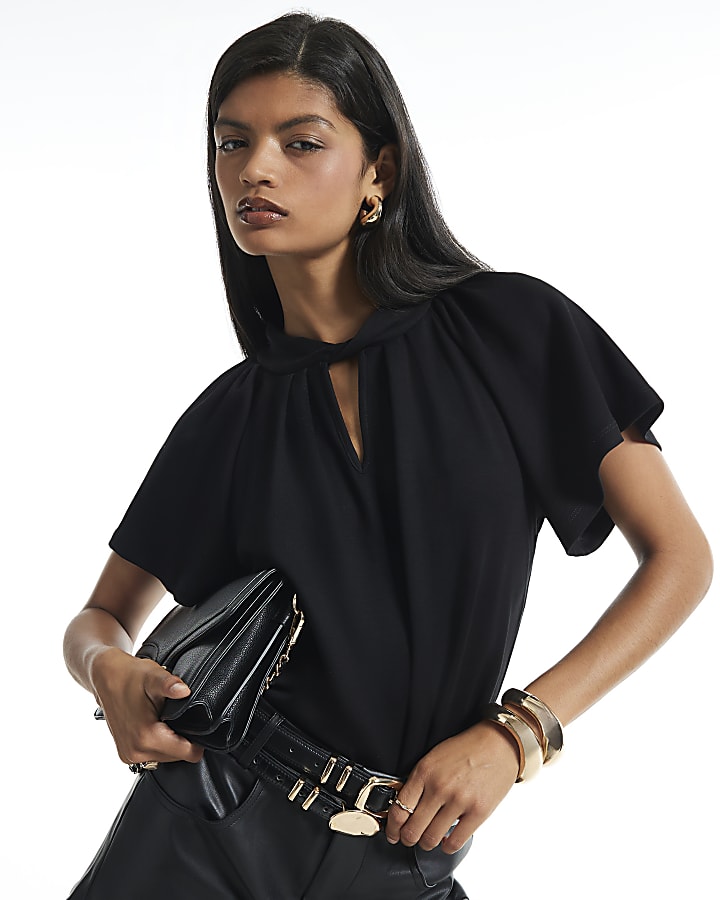 Black Short Sleeve Twist Front Top
