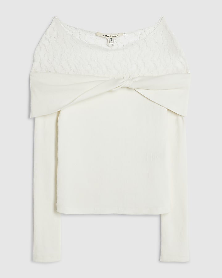 Cream Lace Neck Twist Top