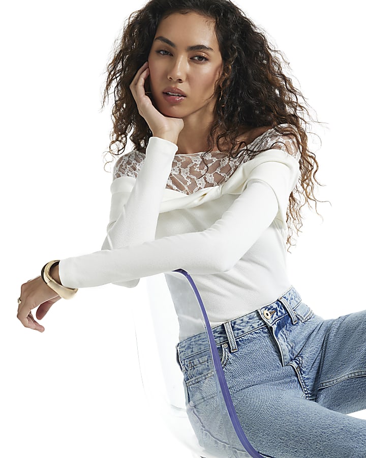 Cream Lace Neck Twist Top
