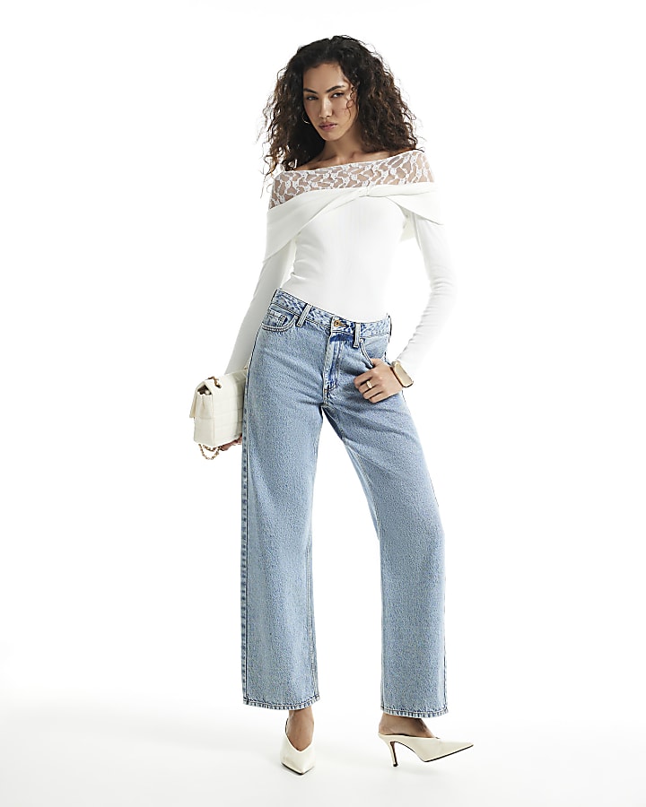 Cream Lace Neck Twist Top