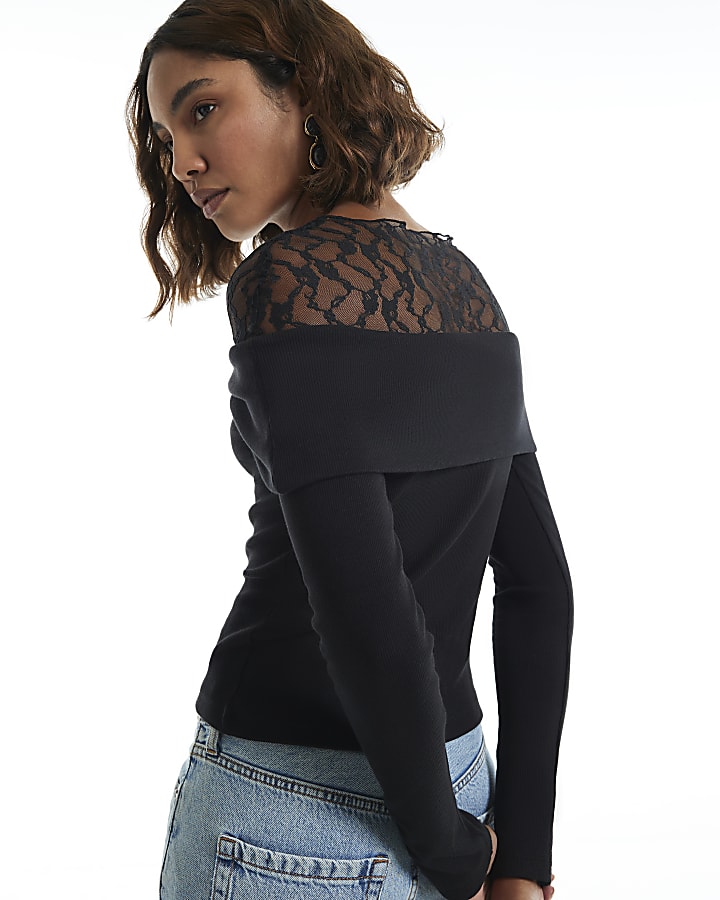 Black Long Sleeve Lace Twist Top