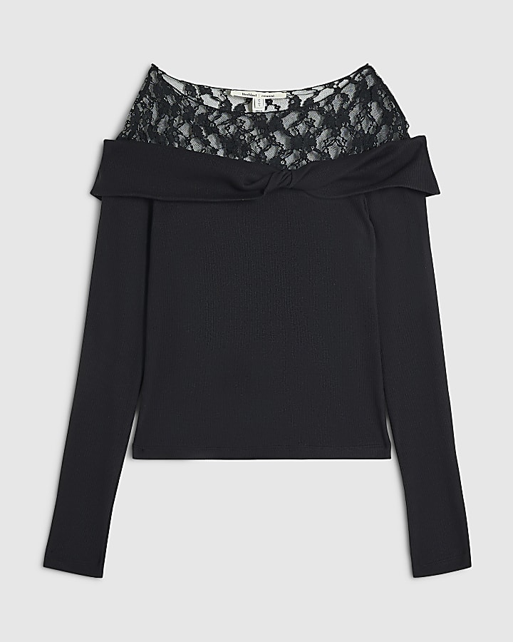 Black Long Sleeve Lace Twist Top