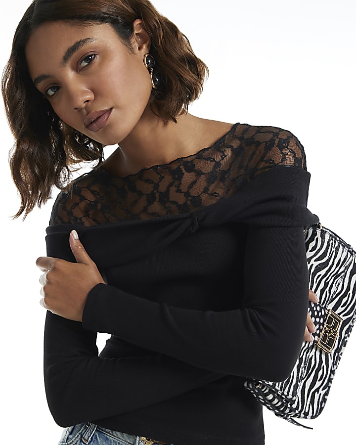 Black Long Sleeve Lace Twist Top