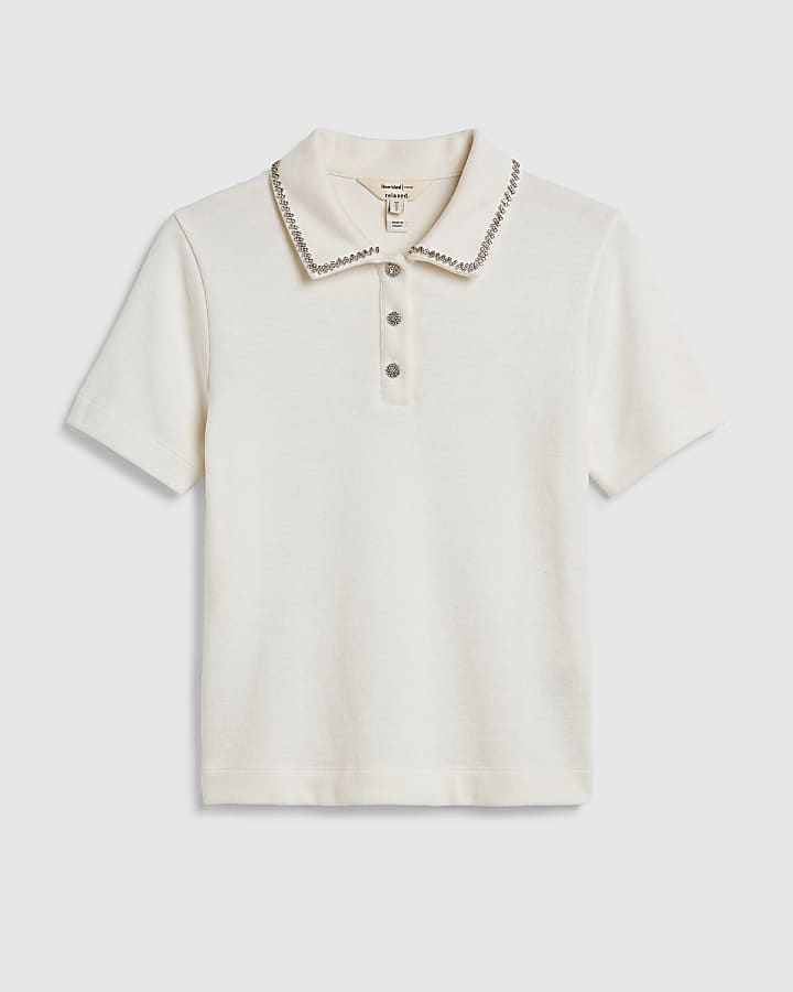 Cream Cosy Diamante Short Sleeve Polo Shirt