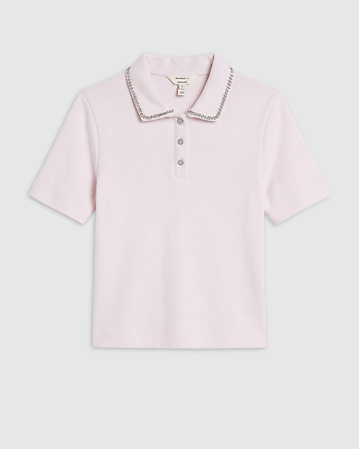 Pink Short Sleeve Cosy Diamante Polo Top