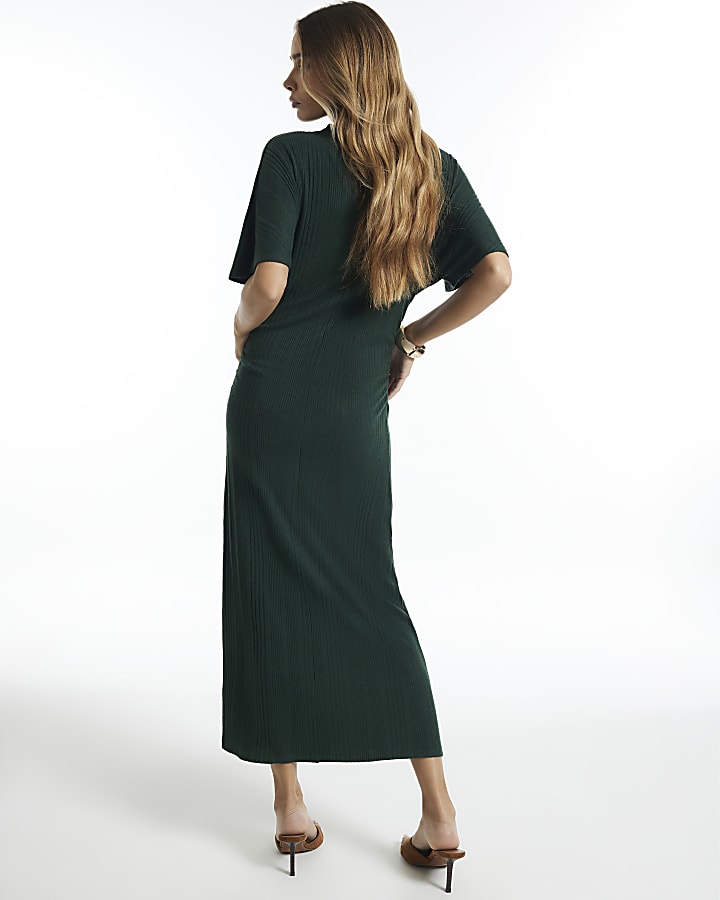 Green Ribbed Short Sleeve Midi Dress