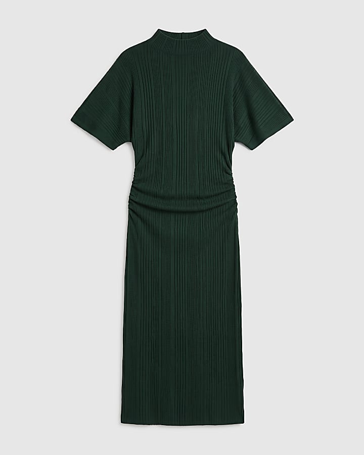 Green Ribbed Short Sleeve Midi Dress