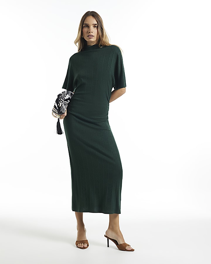 Green Ribbed Short Sleeve Midi Dress