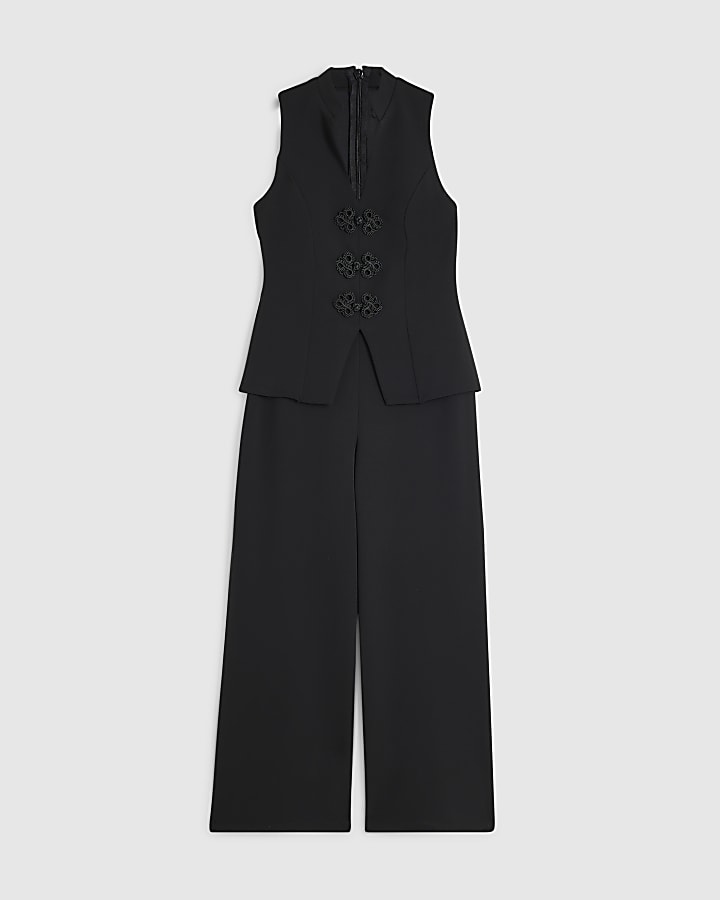 Petite Black Frogging Waistcoat Jumpsuit