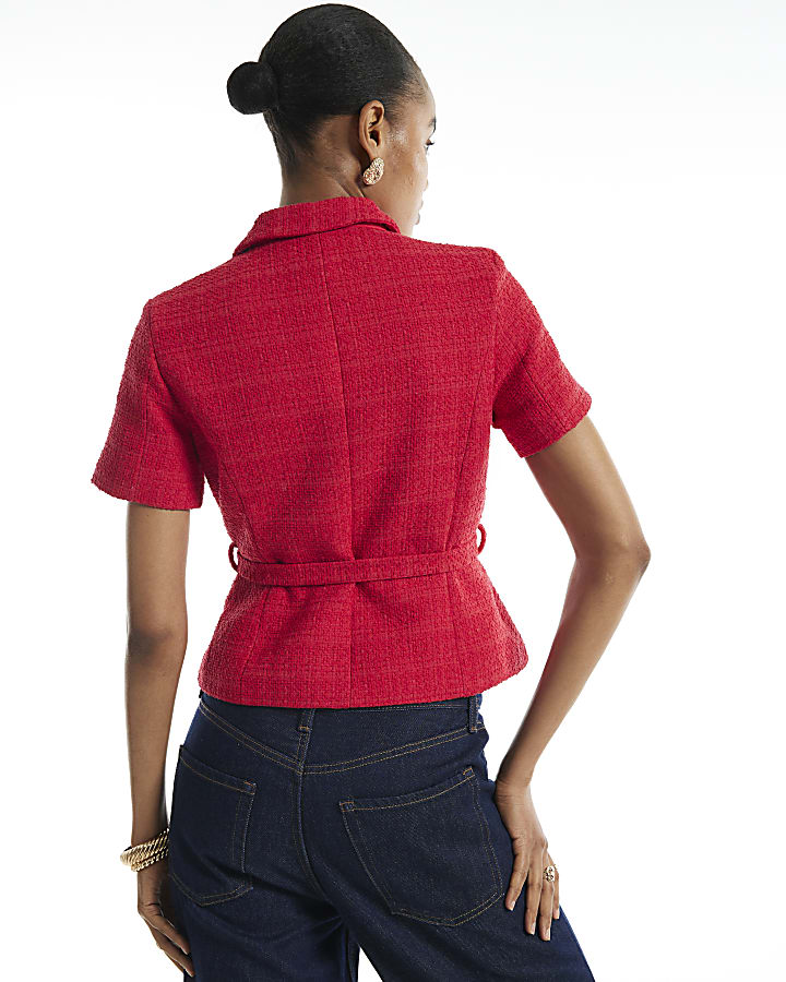 Red Collared Boucle Belted Top