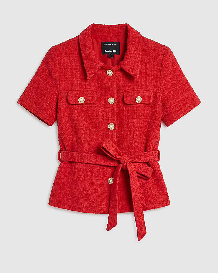 Red Collared Boucle Belted Top