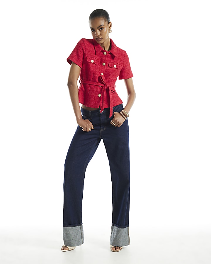 Red Collared Boucle Belted Top