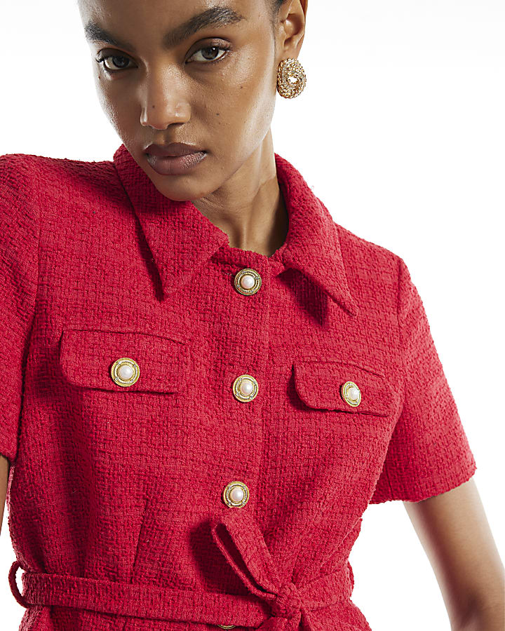 Red Collared Boucle Belted Top