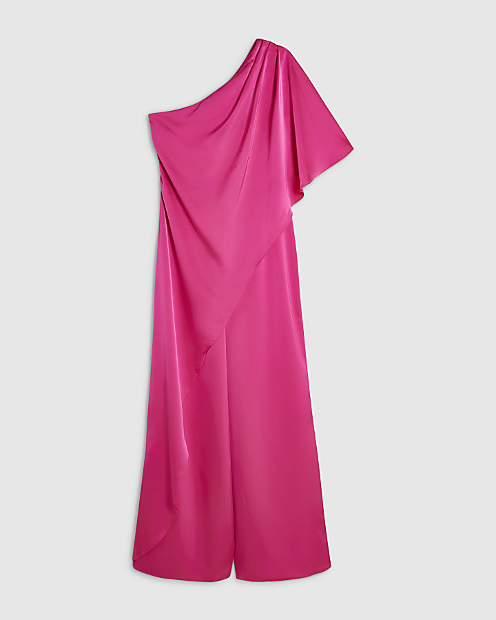 Pink Satin Asymmetrical Cape Jumpsuit