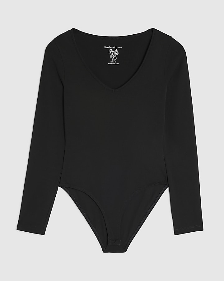 Black Long Sleeve V Neck Bodysuit