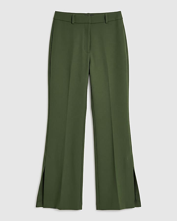 Khaki Side Split Soft Flare Trousers