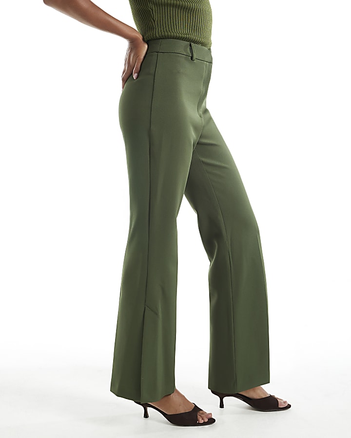 Khaki Side Split Soft Flare Trousers