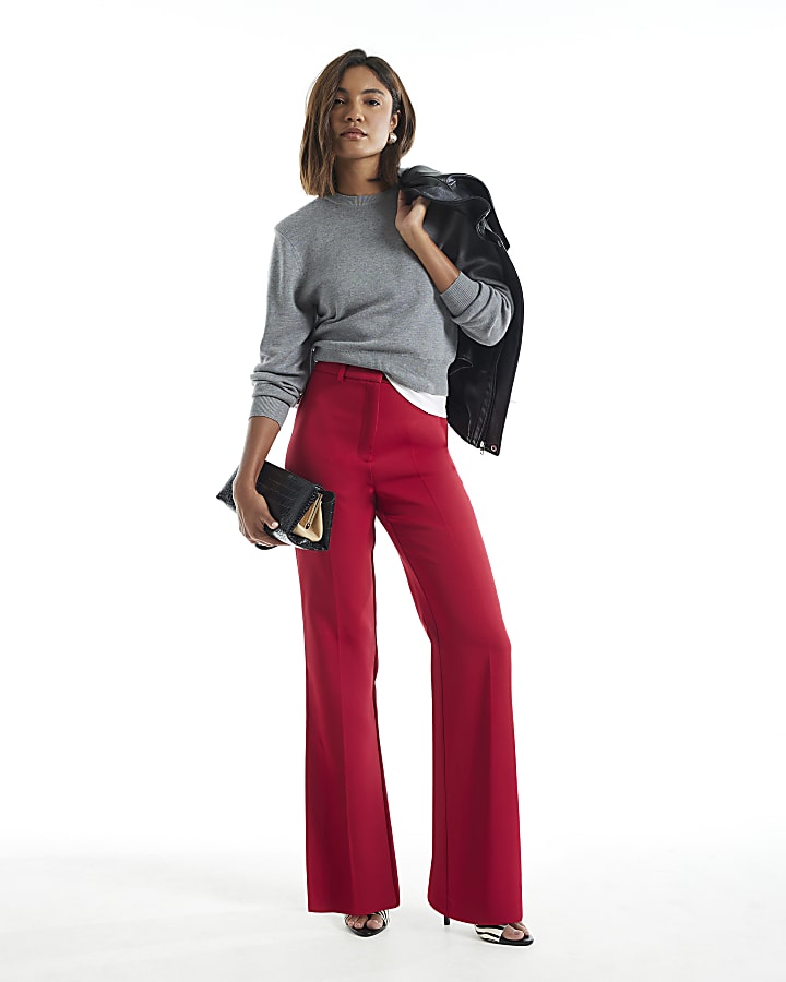 Red Side Split Soft Flare Trousers