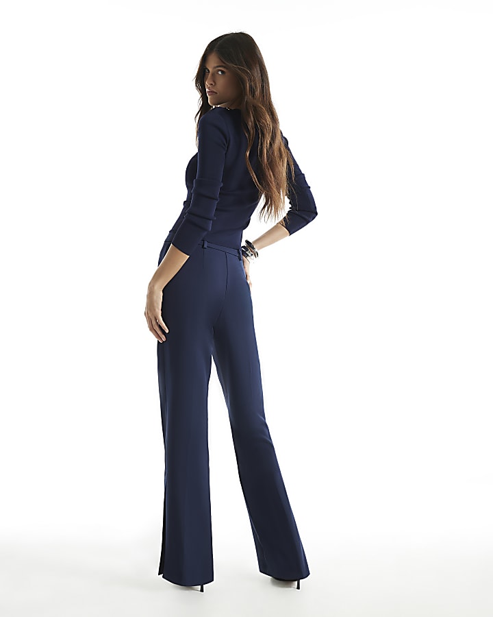 Navy Side Split Soft Flare Trousers