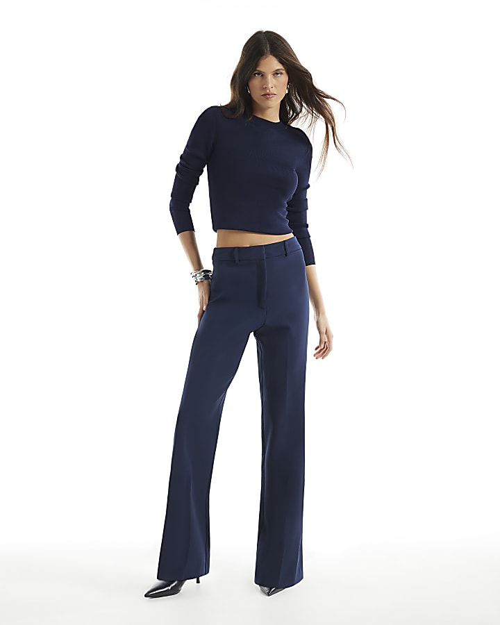 Navy Side Split Soft Flare Trousers